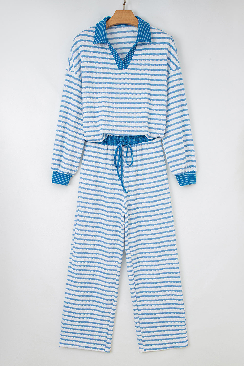 Khaki Stripe Plus Size Collared V Neck Loose Pullover Drawstring Elastic Waist Wide Leg Pant Set