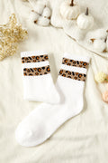 White Leopard Striped Detail Ribbed Cuffs Womens Socks