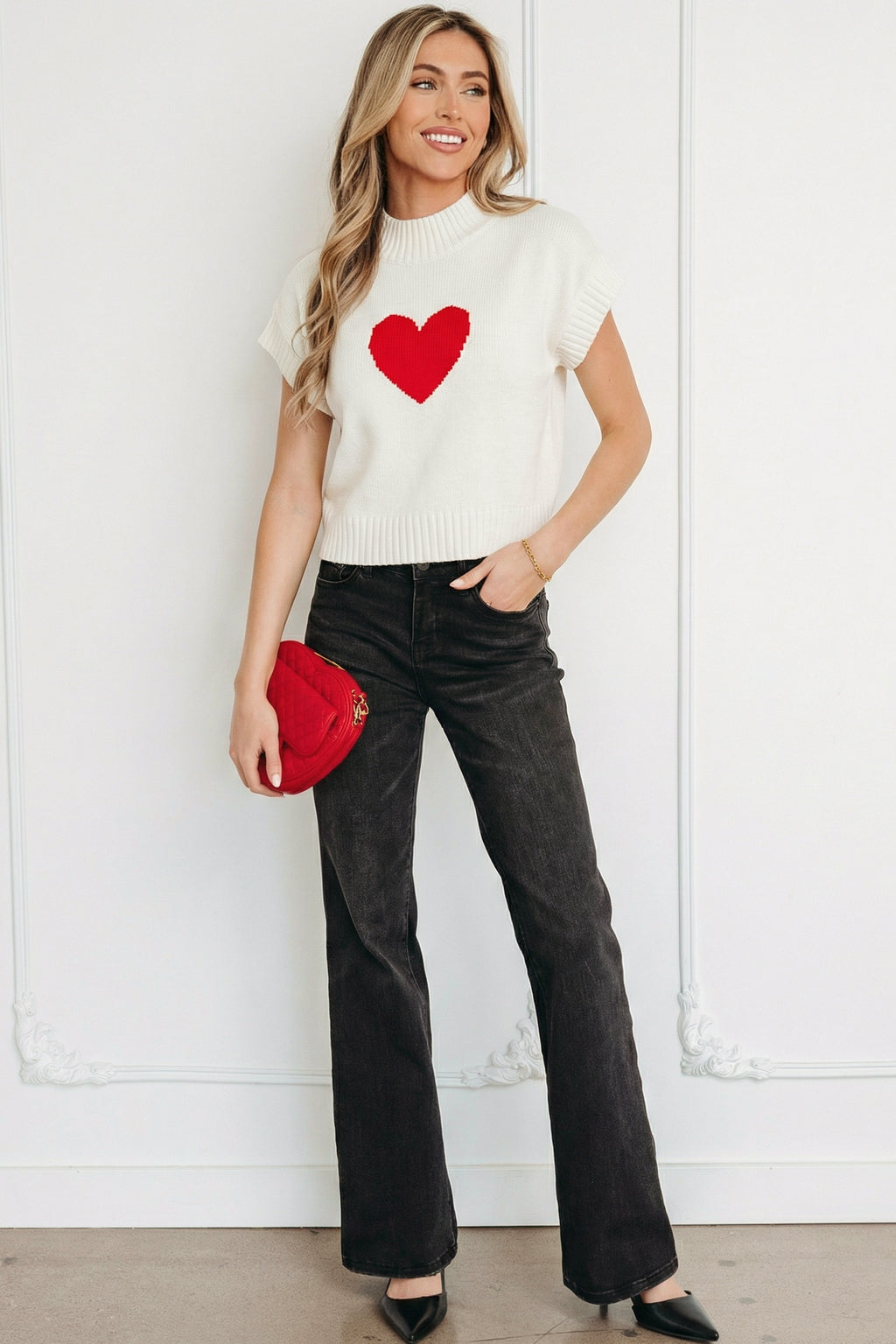 Pink Valentine Heart Graphic Cropped Short Sleeve Sweater