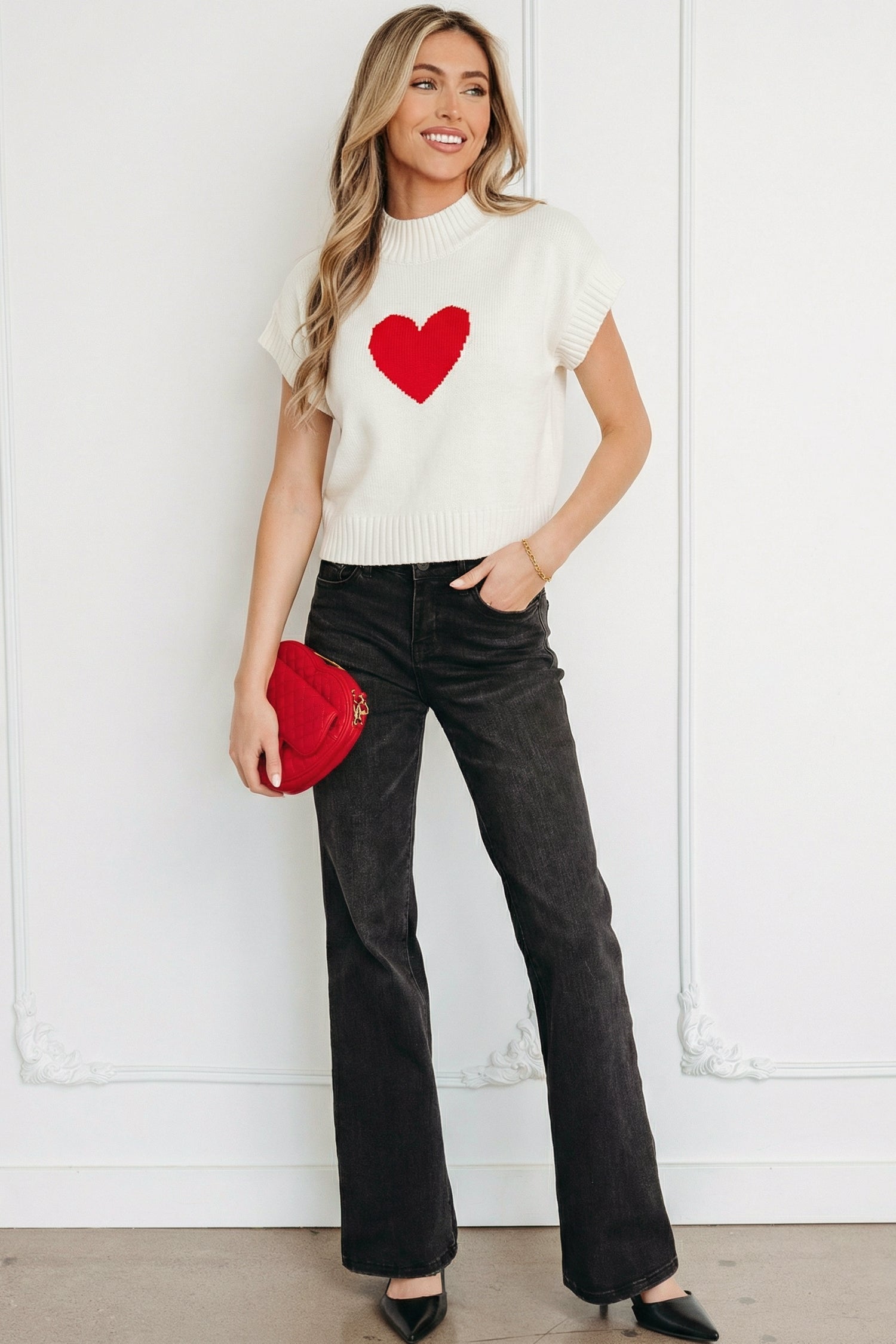 Pink Valentine Heart Graphic Cropped Short Sleeve Sweater