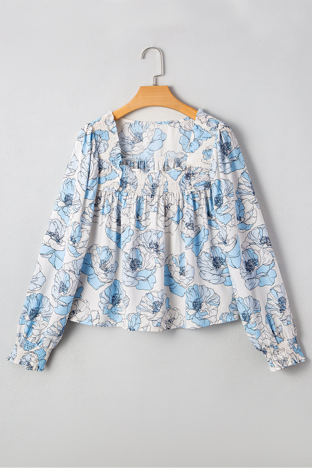 Sky Blue Floral Print Tie Neck Long Sleeve Flowy Mini Dress