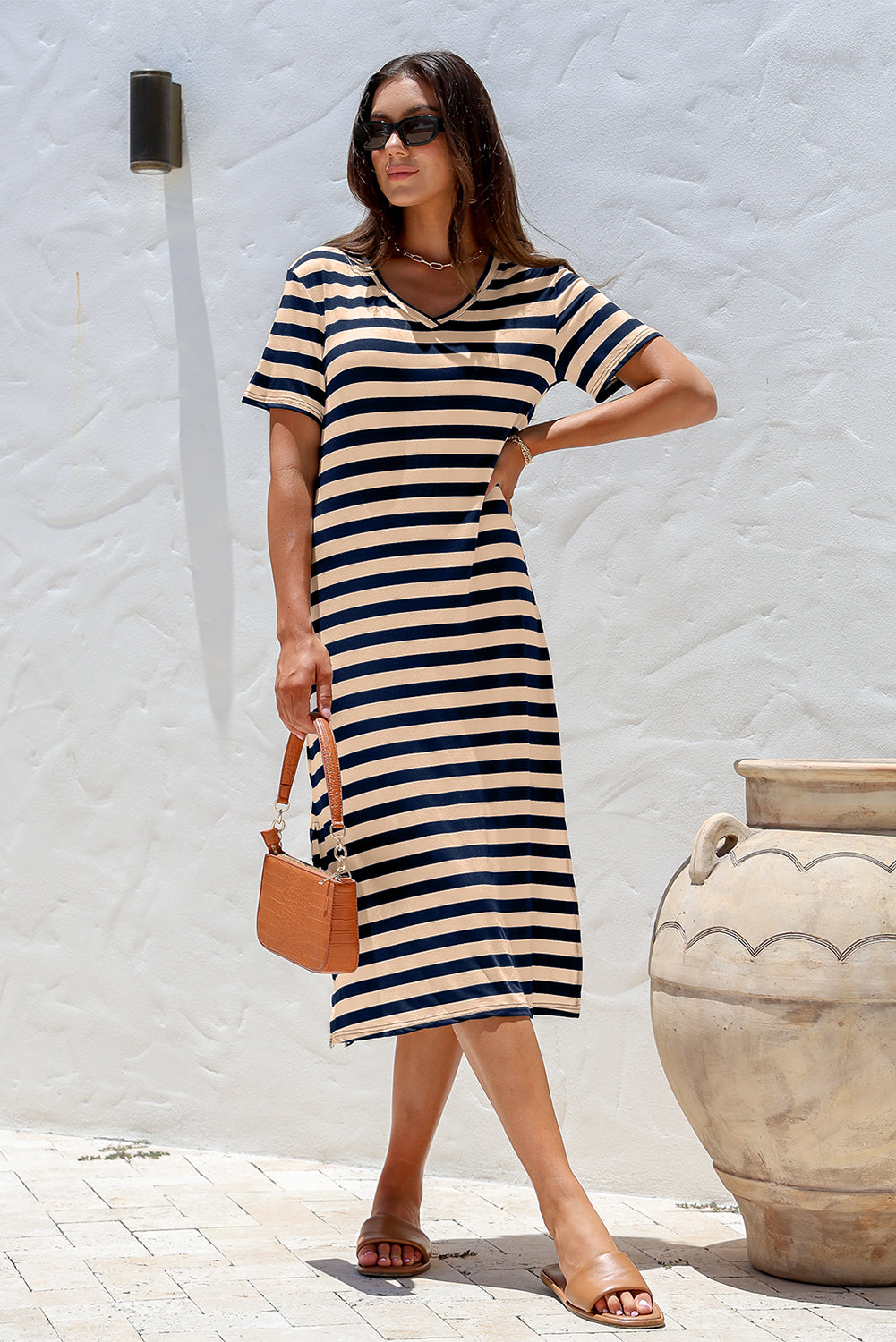 Fiery Red Black Stripe Print V Neck Maxi Dress with Side Splits