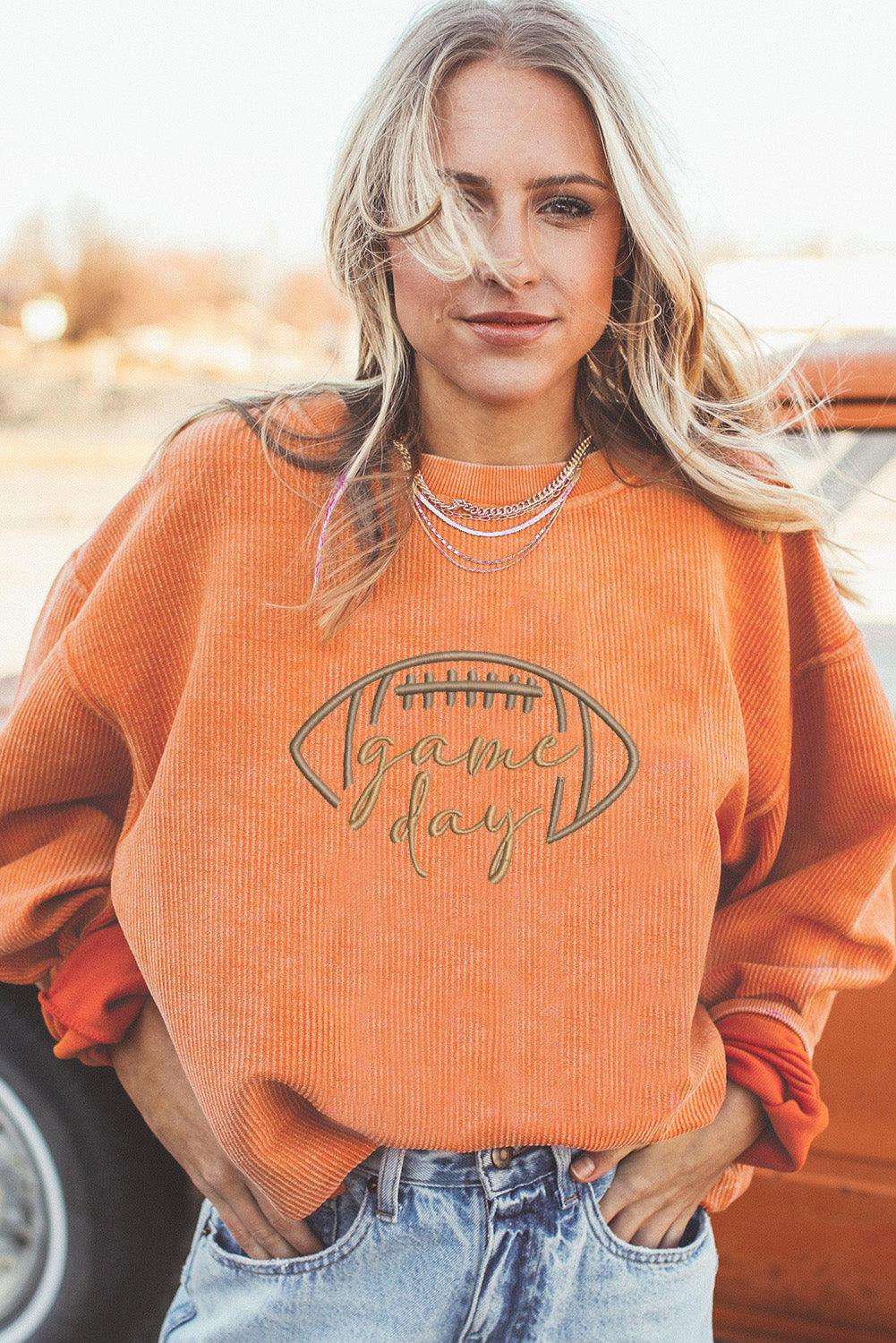 Apricot Rugby Game Day Embroidered Corduroy Sweatshirt