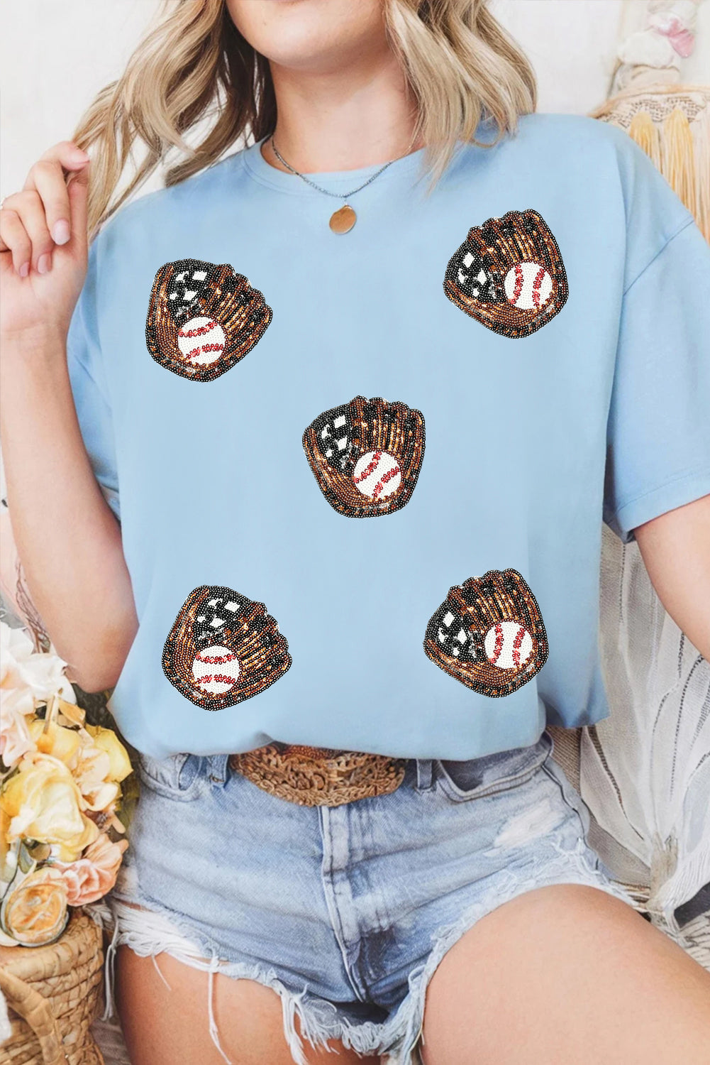 Light Blue Gopher Ball Sequin Patched Casual T Shirt