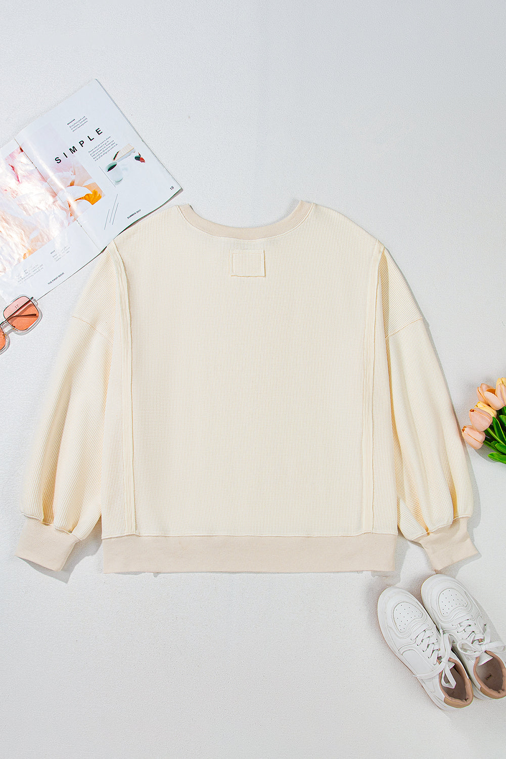 White Waffle knit Bishop Sleeve Split Oversized Top