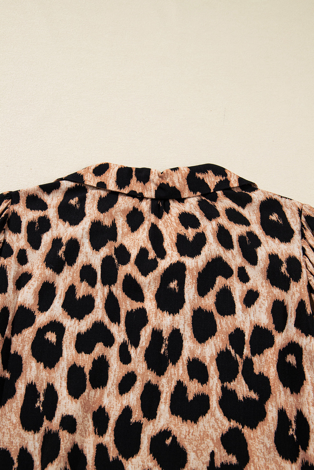 Four Leaf Clover Collared V Neck Smocked Detail Contrast Leopard Trim Bracelet Sleeve Long Dress
