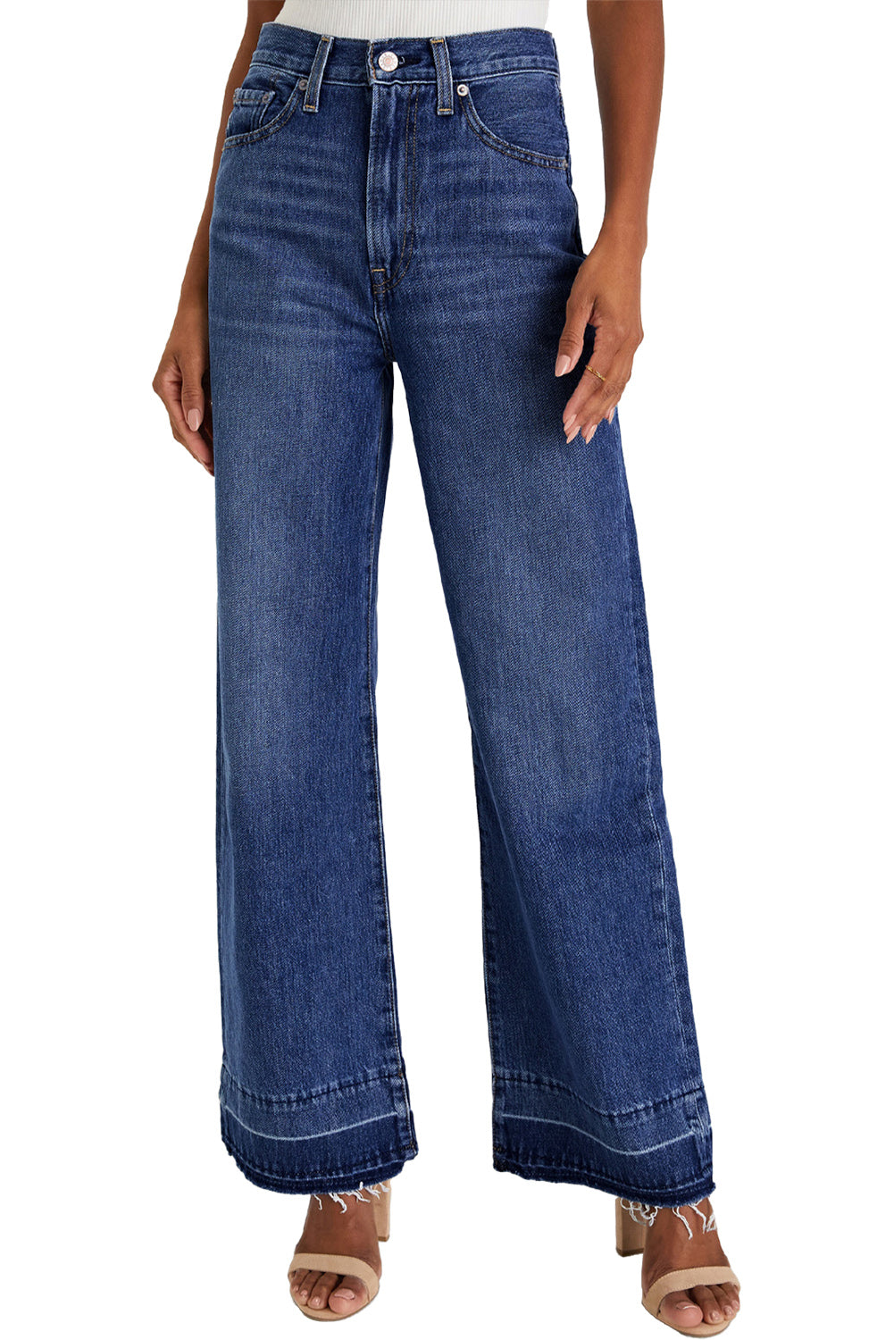 Real Teal Raw Hem Unique Cuffs Straight High Rise Loose Jeans