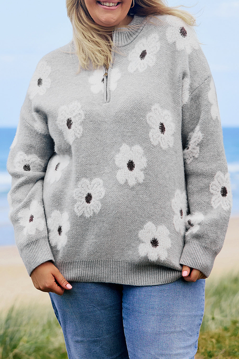 Khaki Floral Pattern Half Zip Drop Shoulder Sweater
