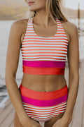 Orange Stripe Color Block Patchwork Cross Straps High Waist Bikini Swimsuit