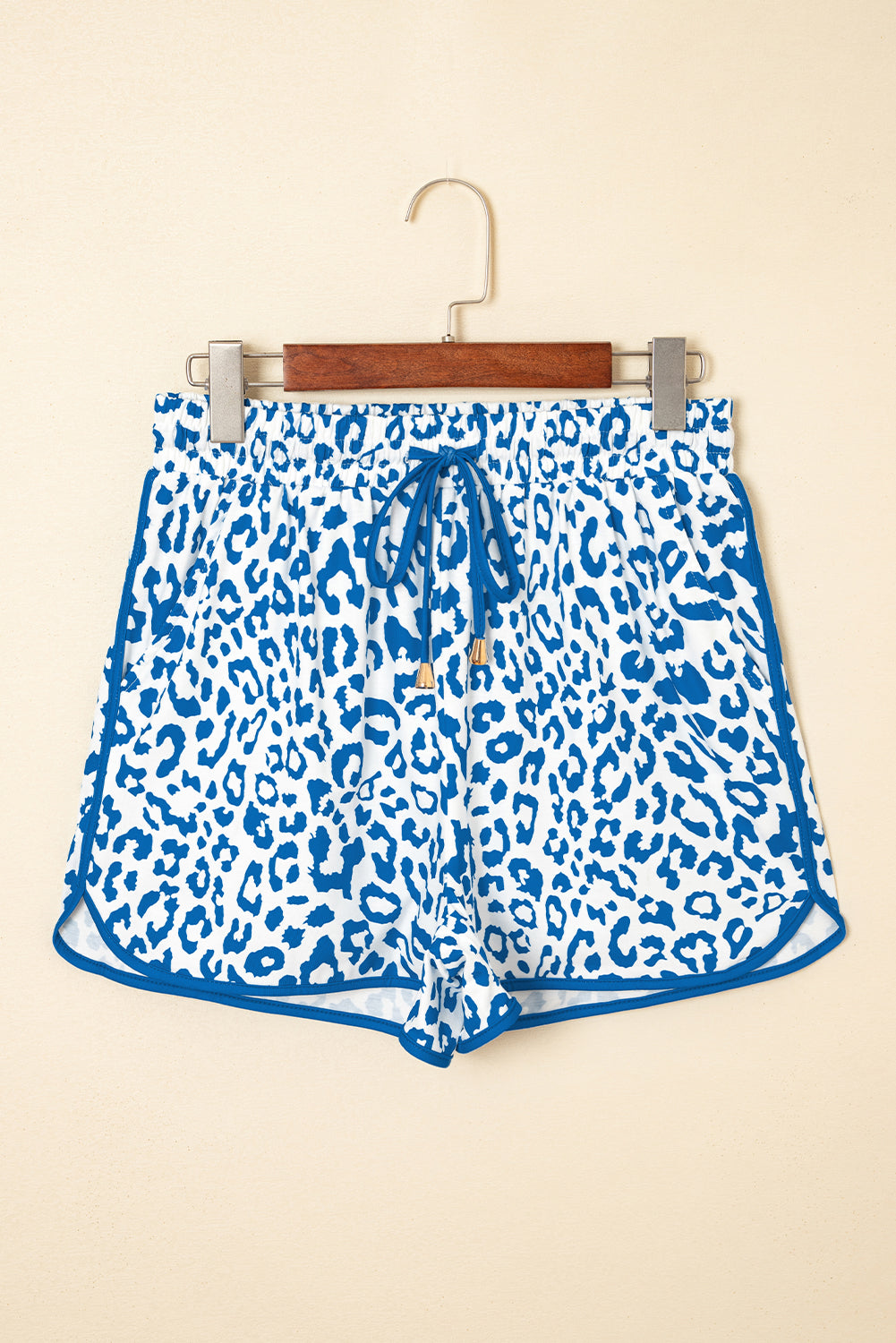 White Leopard Elastic Waistband Lace up Contrast Trim Casual Shorts