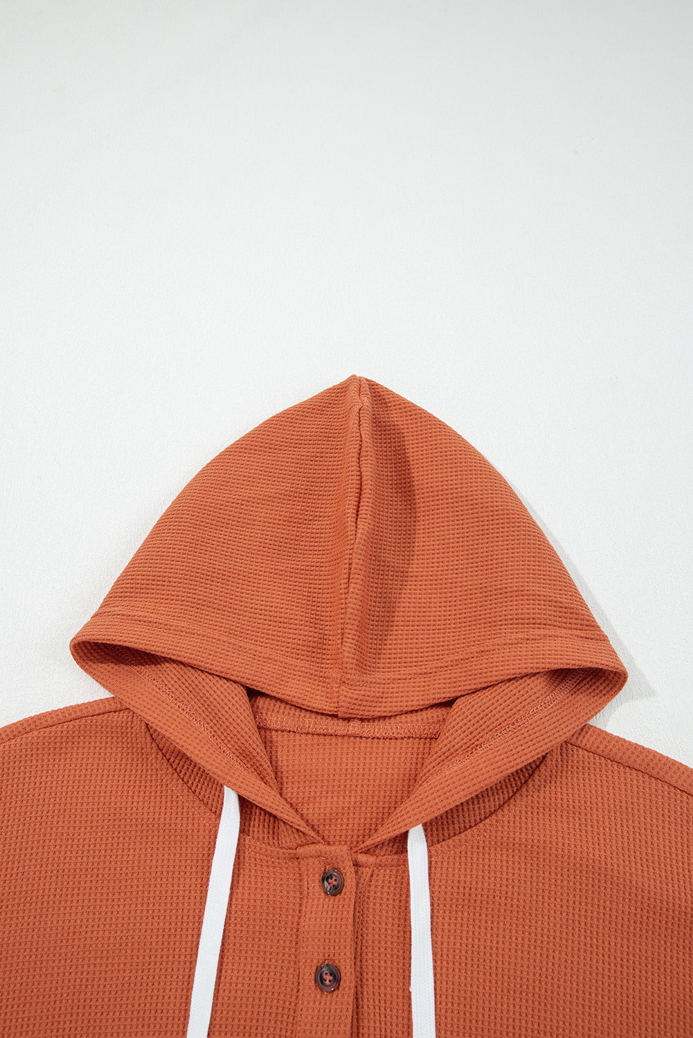 Gray Waffle Printed Patchwork Drawstring Hooded Long Sleeve Top