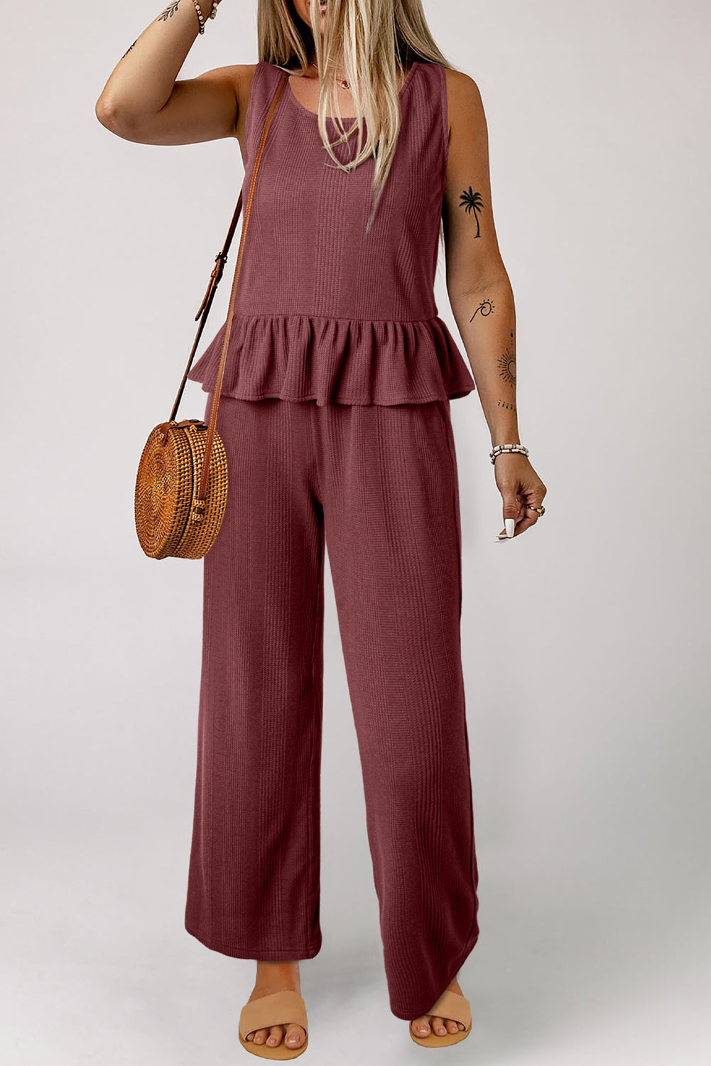 Beau Blue Solid Color Ribbed Ruffle Tank Top and Pants Set