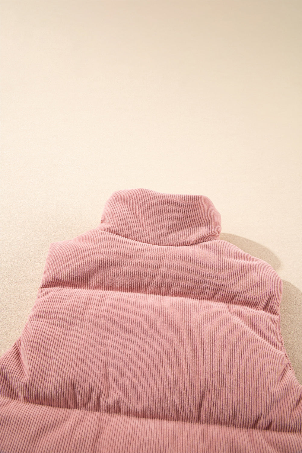 Beige Corduroy Stand Neck Zipped Puffer Vest