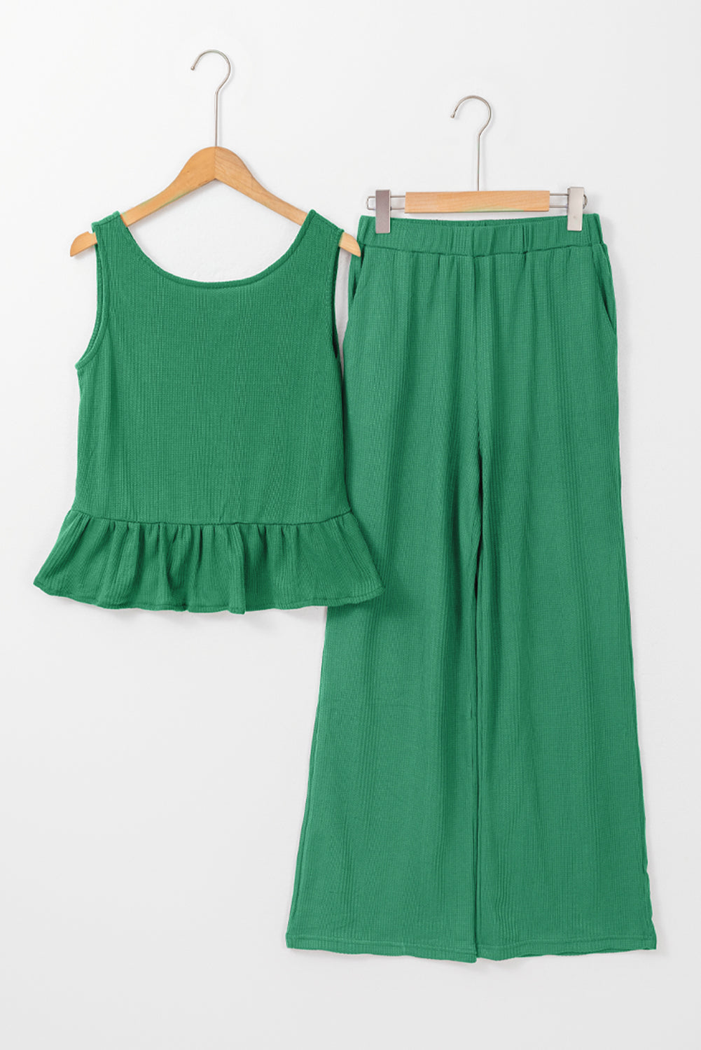Beau Blue Solid Color Ribbed Ruffle Tank Top and Pants Set