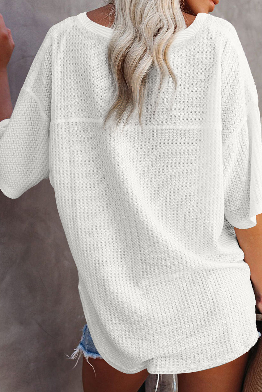 Black Waffle Texture Ribbed V Neck Drop Shoulder Loose Tee