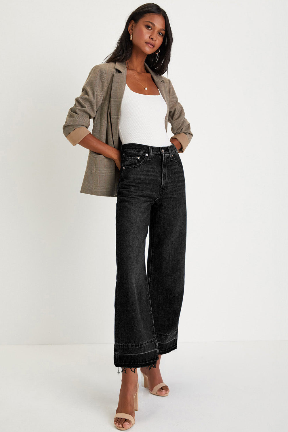 Gray Raw Hem Straight Leg Loose High Waist Jeans