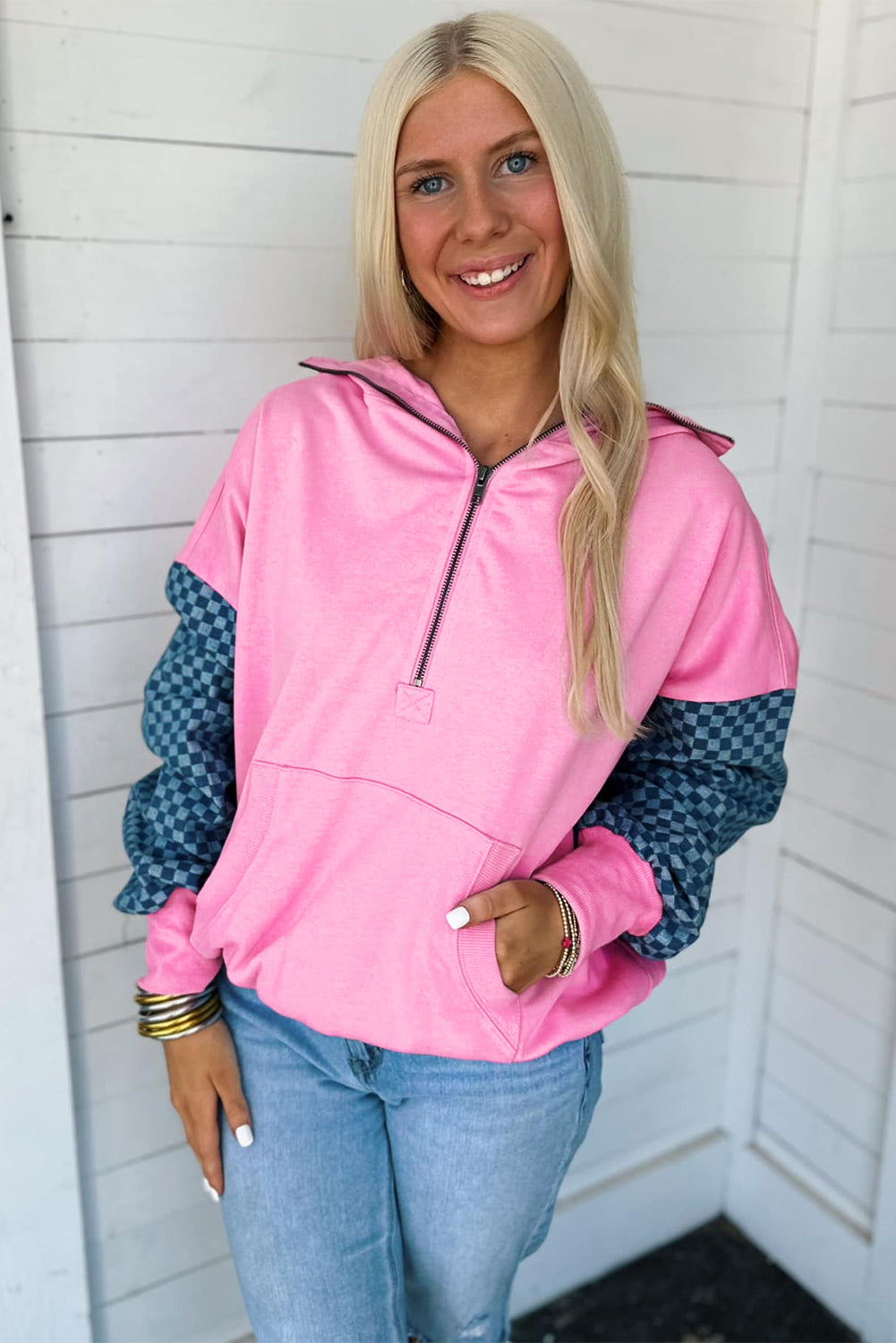 Bonbon Checkered Patchwork Kangaroo Pocket Half Zipper Hoodie
