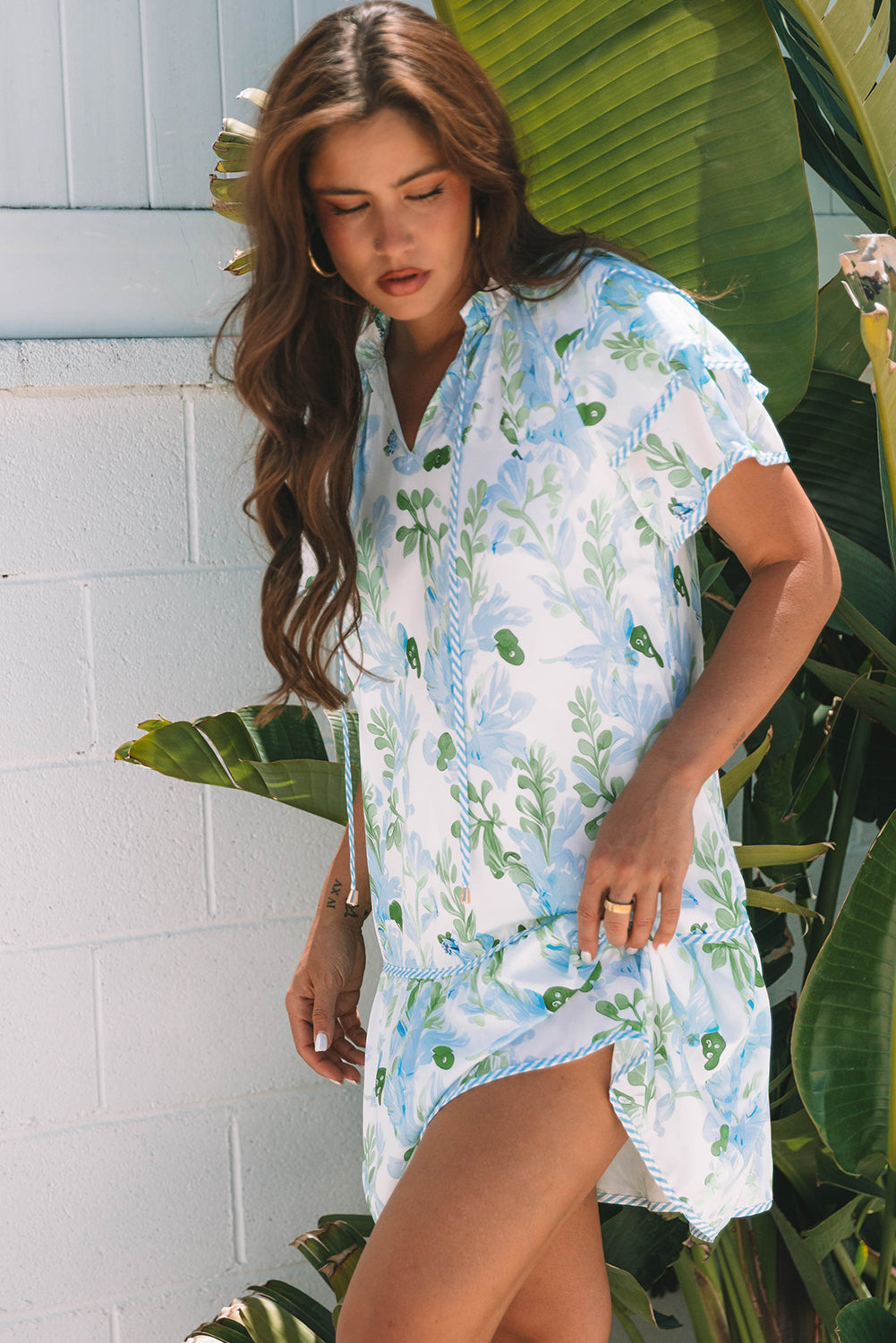 Pink Plus Size Floral Print Striped Detail Short Summer Dress