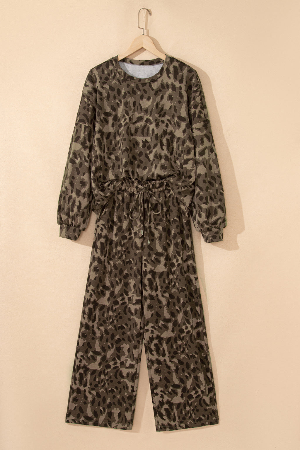 Brown Leopard Loose Tee Drawstring Waist Barrel Pants Set