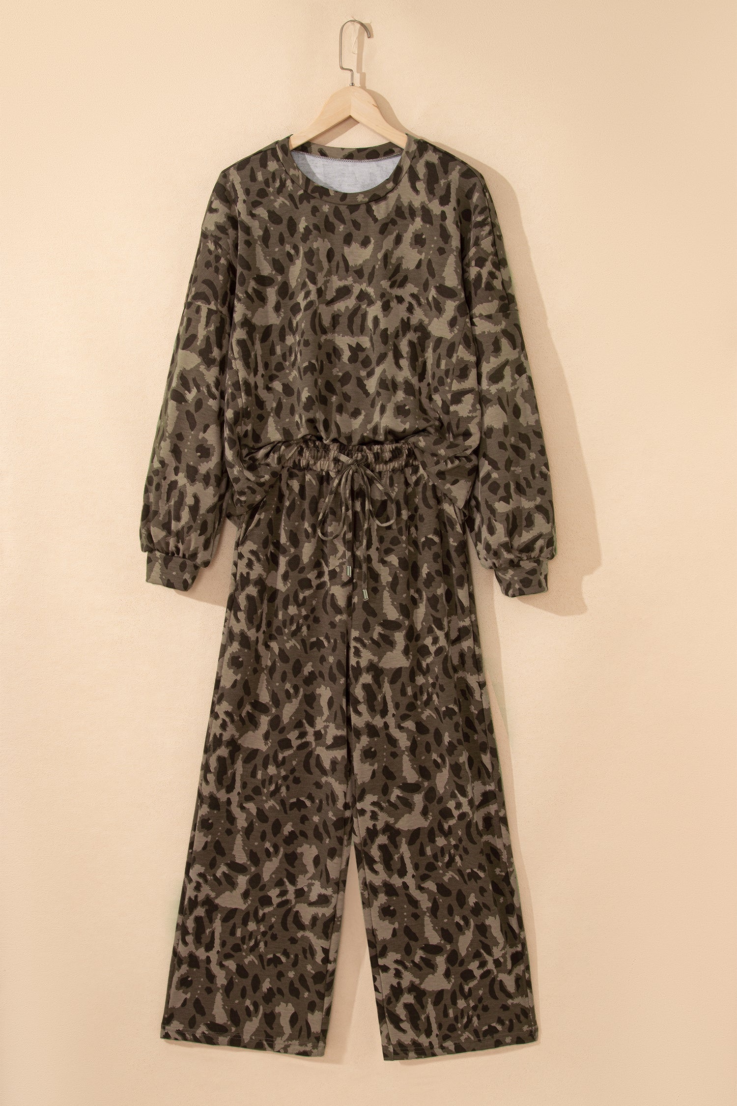 Brown Leopard Loose Tee Drawstring Waist Barrel Pants Set