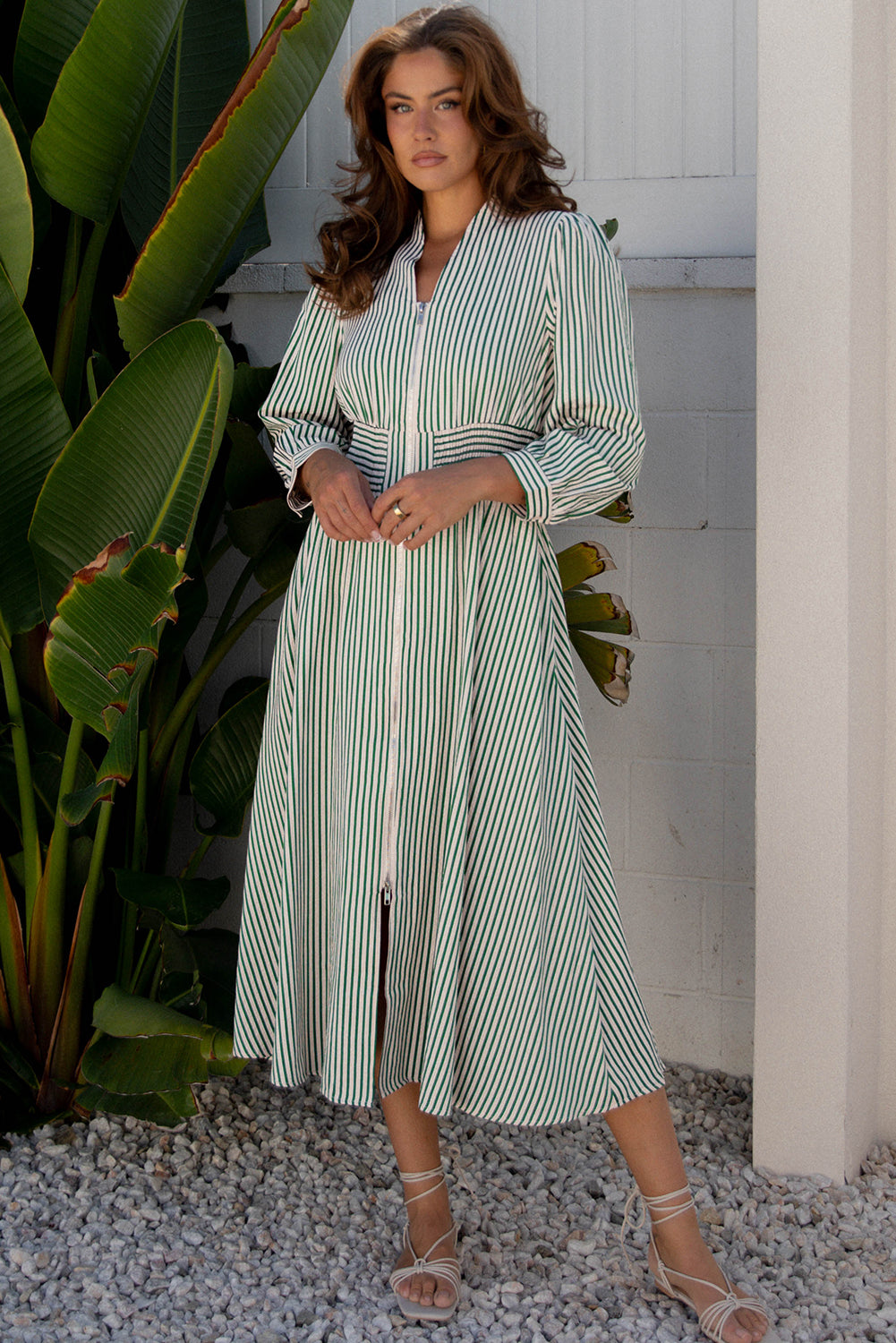 Coffee Plaid Print Full Zipper Cinched Waist Fit Flare Sleeveless Maxi Dress