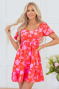 Red Floral Bubble Sleeve Sweetheart Neck Ruffled Mini Dress