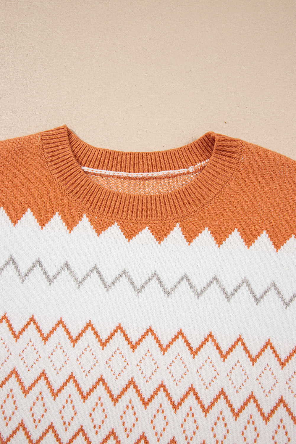 Khaki Zigzag Geometric Pattern Knitted Pullover Sweater