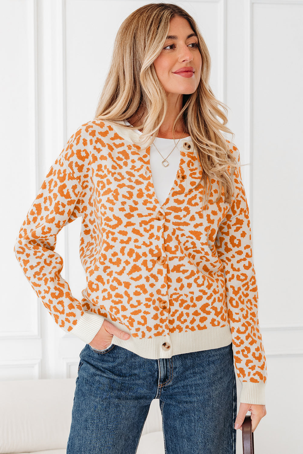 Black Leopard Drop Shoulder Chunky Knitted Cardigan Sweater
