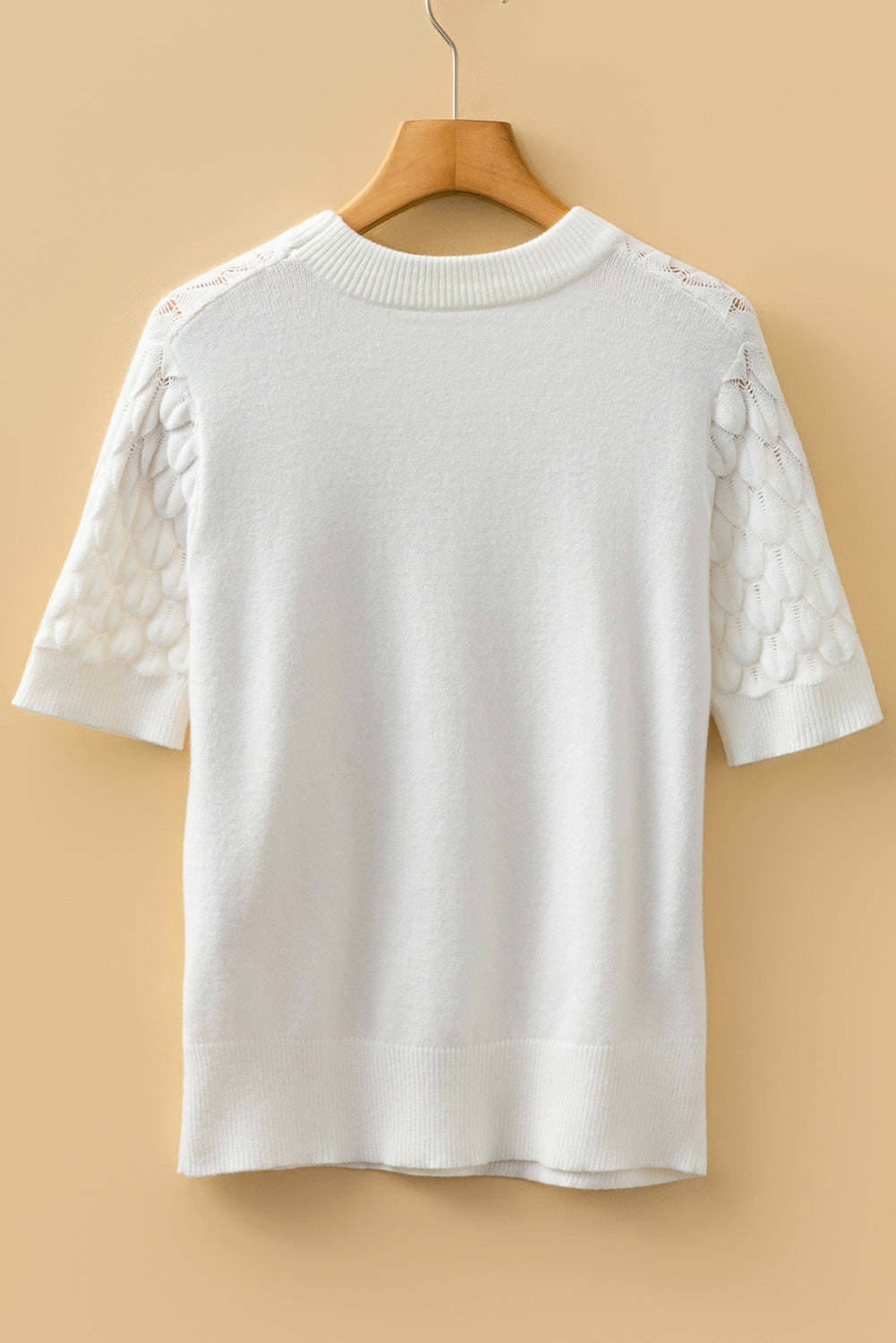 Straw Yellow Fish Scale Textured Knit Ribbed Crew Neck Short Sleeve Sweater