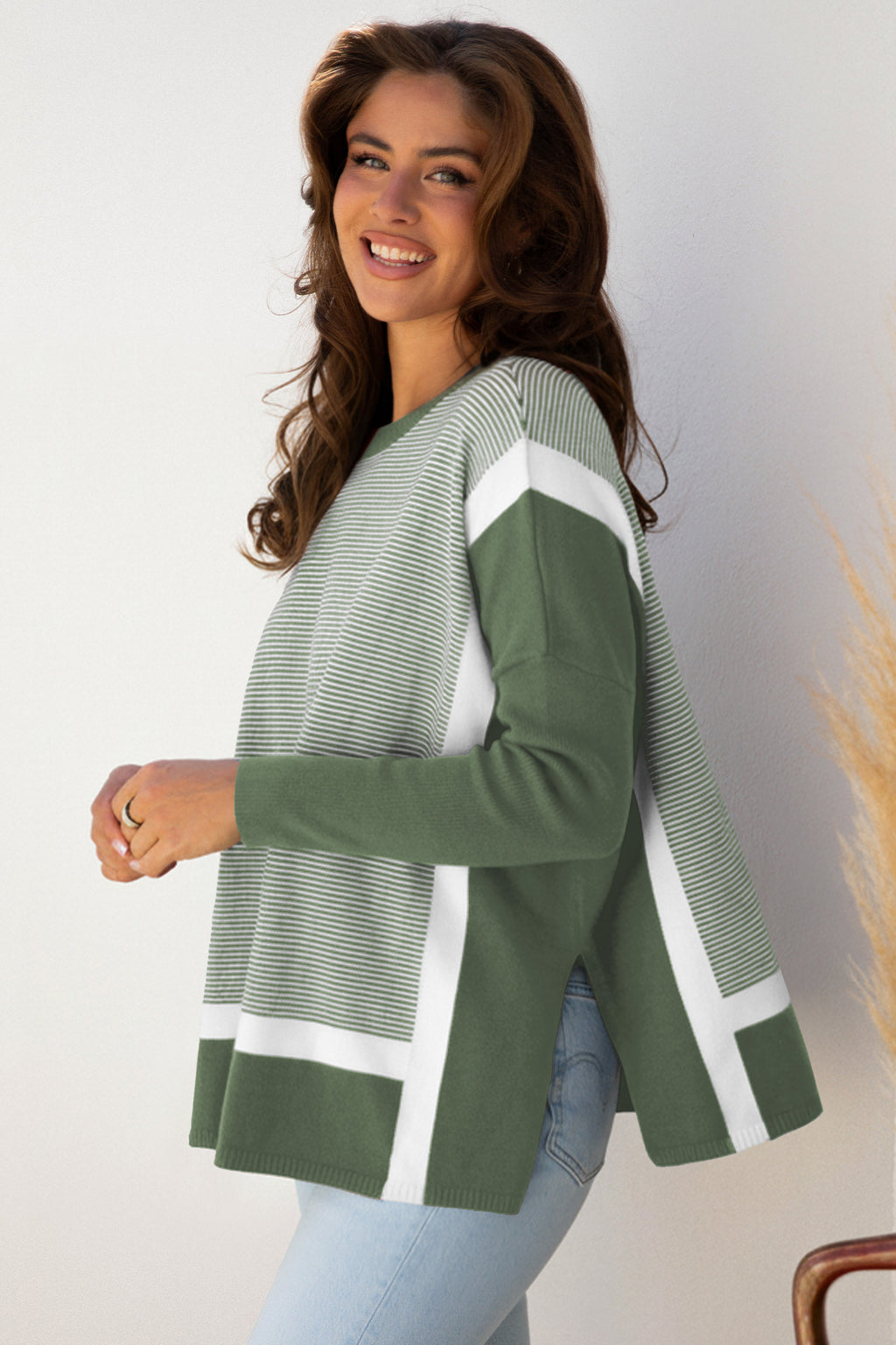 Blue Stripe Color Block Patchwork Dolman Oversize Tunic Sweater