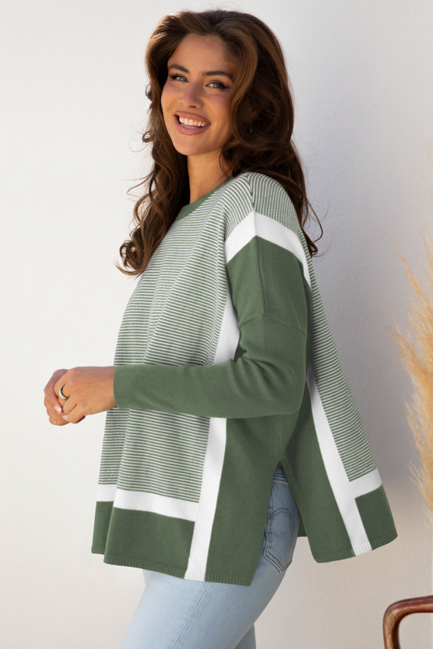 Blue Stripe Color Block Patchwork Dolman Oversize Tunic Sweater