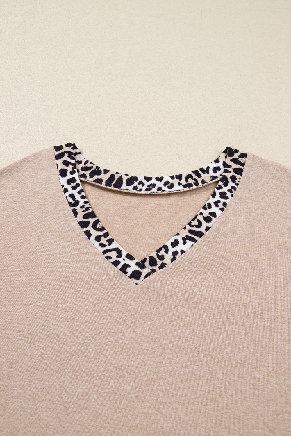 Parchment Leopard Patchwork V Neck Long Sleeve Plus Size Top