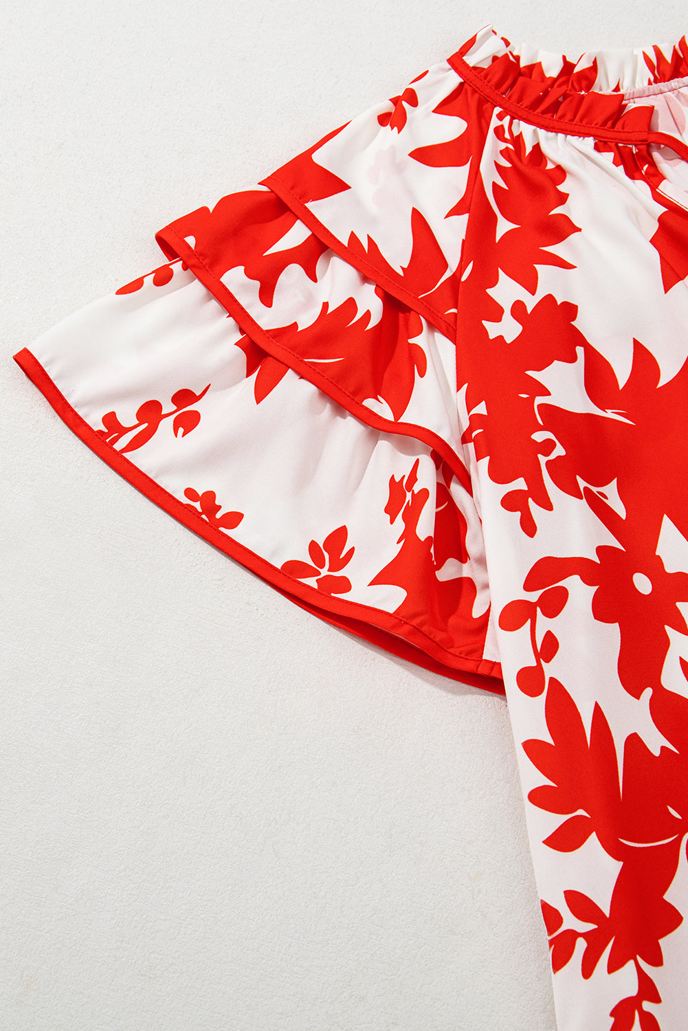 Red Floral Print Trimmed V Neck Ruffle Sleeve Long Dress