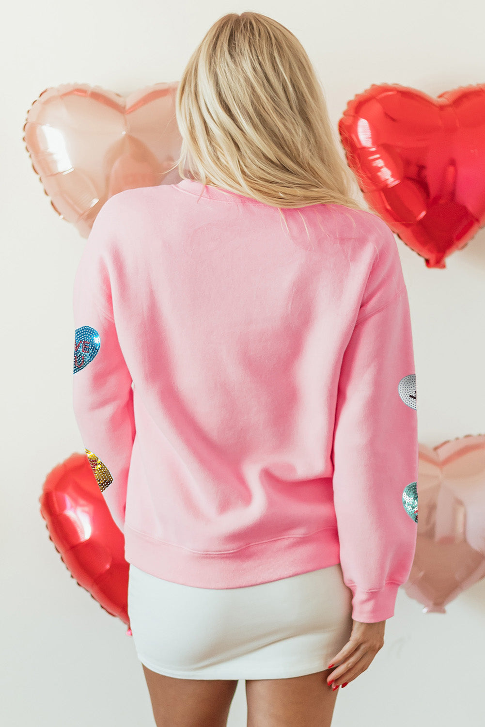 Pink Sequin Valentines Lettering Heart Patched Crewneck T Shirt