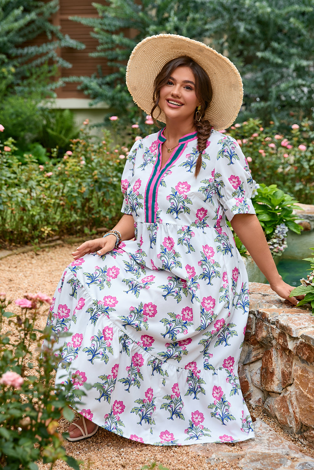 White Floral Puff Short Sleeve V Neck High Waist Maxi Dress