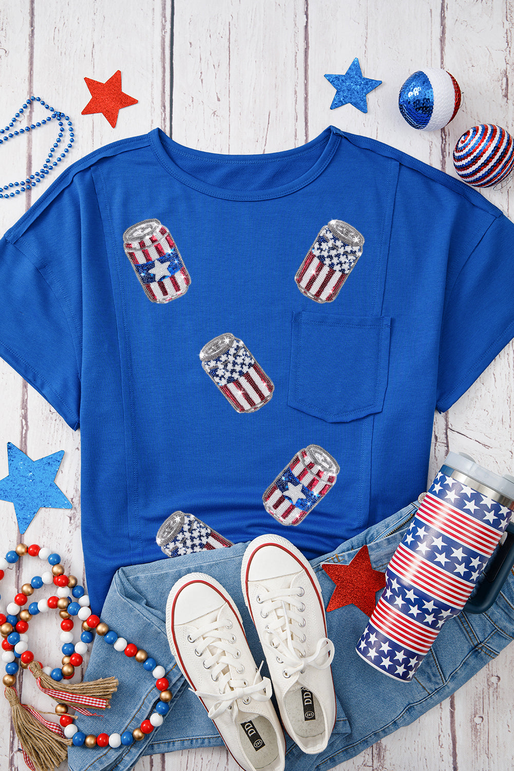 Blue Sequined American Flag Pop Can Pattern Oversized Tee