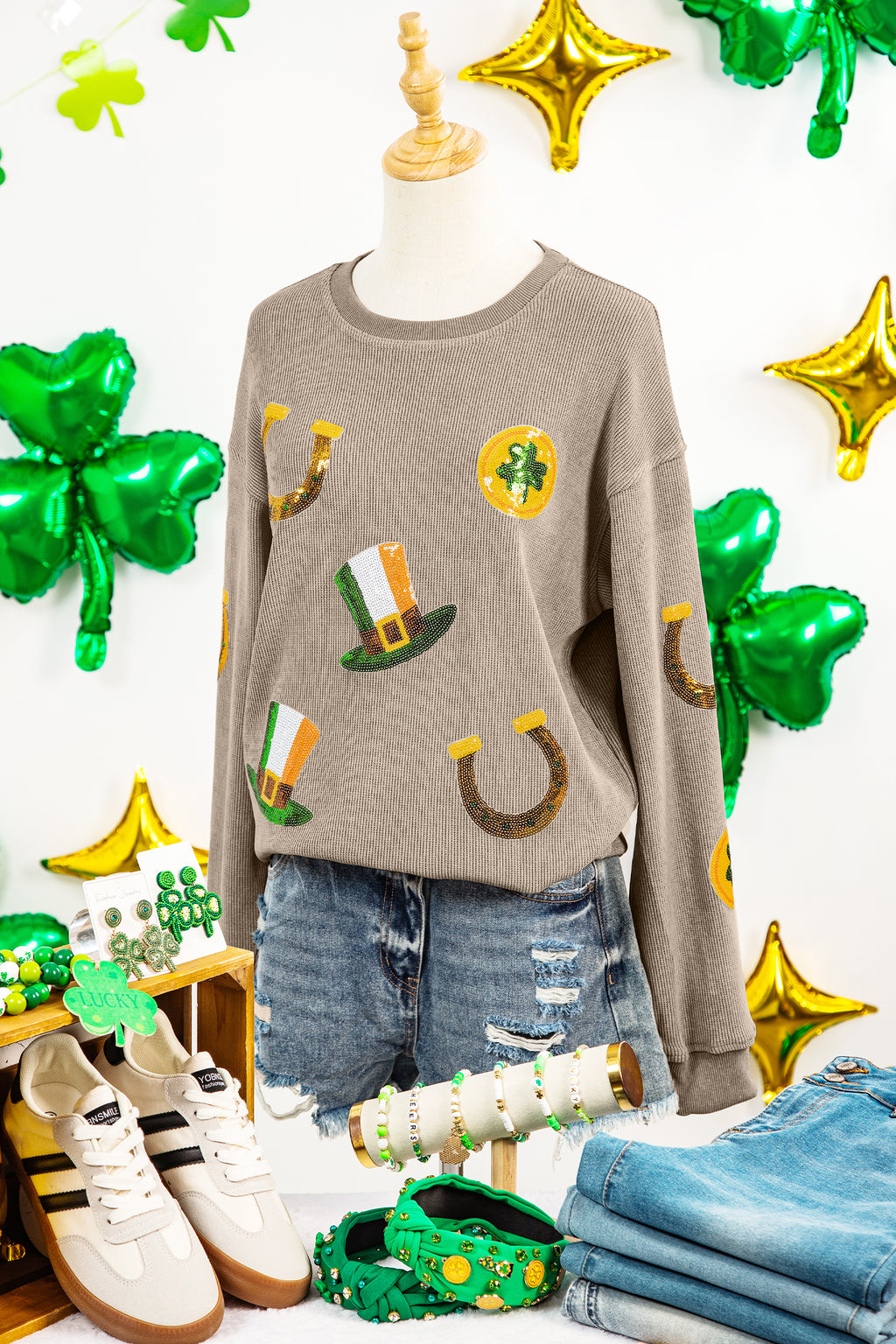 Khaki Sequin Horseshoe Mardi Gras Graphic Corded Ribbed Baggy Sweatshirt