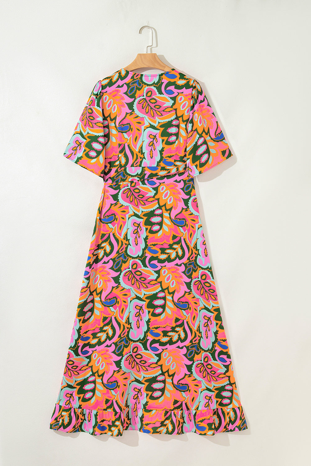 Rose Summer Plant Print Lace up V Neck Short Sleeve Blouse