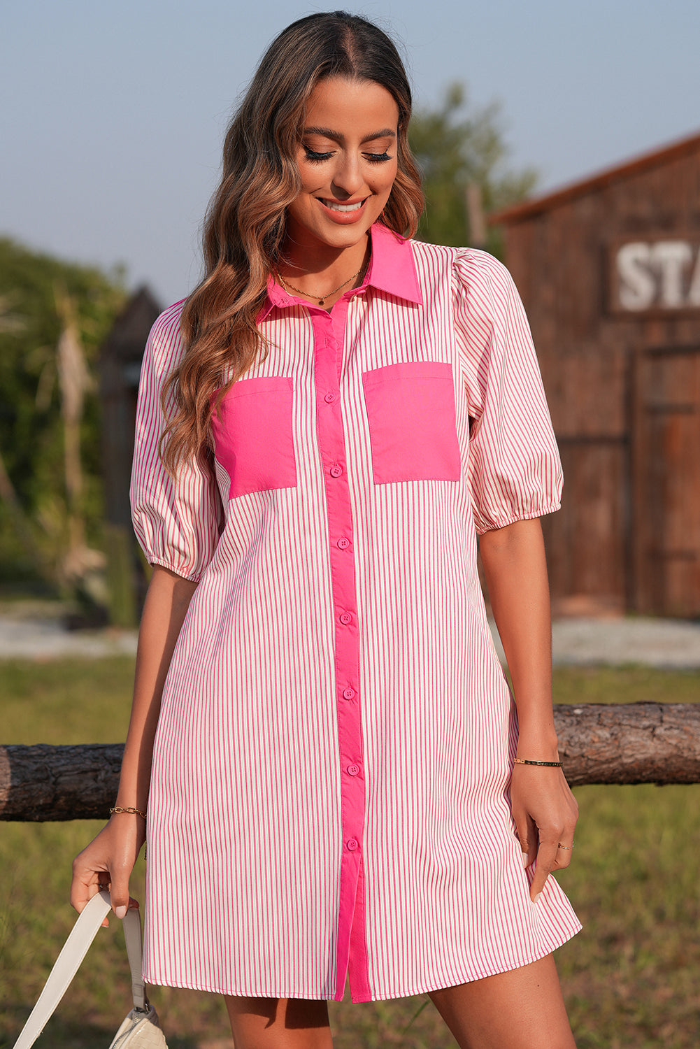 Black Stripe Color Block Patchwork Shirt Collar Button Down Puff Sleeve Mini Dress
