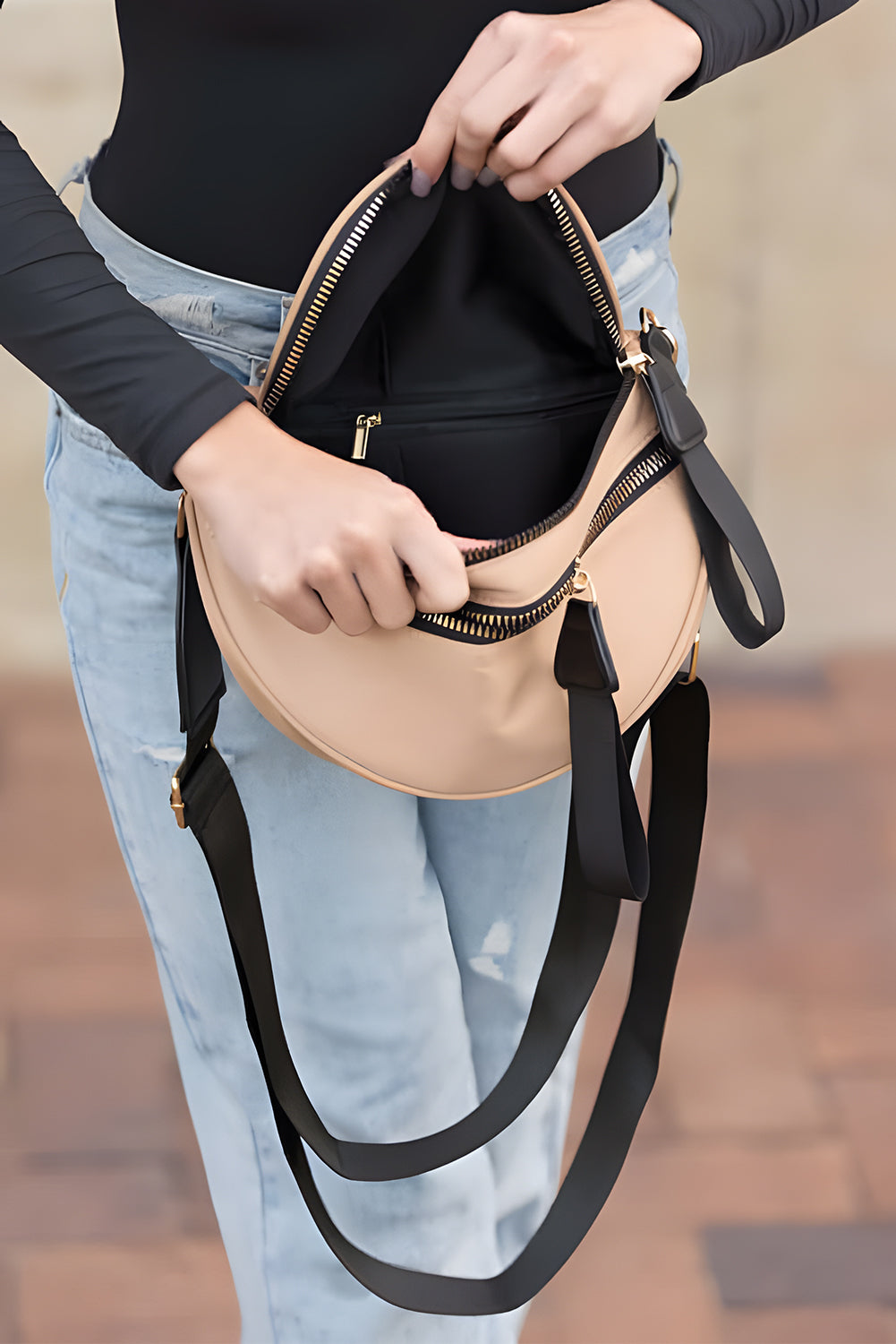 Jungle Green Double Zip Crescent Shape Adjustable Sling Bag