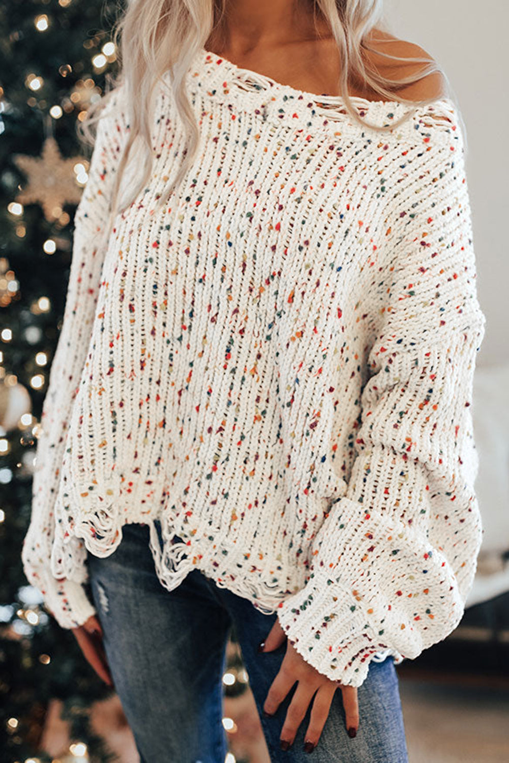 White Confetti Rib Knit Long Sleeve Cardigan