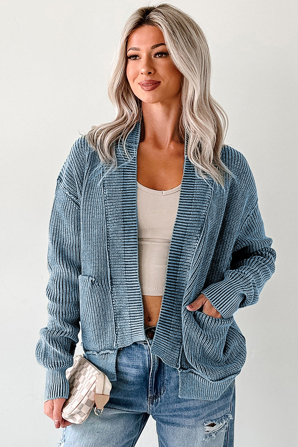 Dark Brown Mineral Wash Exposed Seam Patchwork Knit Open Sweater Cardigan