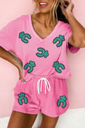 Bonbon Sequin Turquoise Patched V Neck Tee Drawstring Shorts 2pcs Outfit