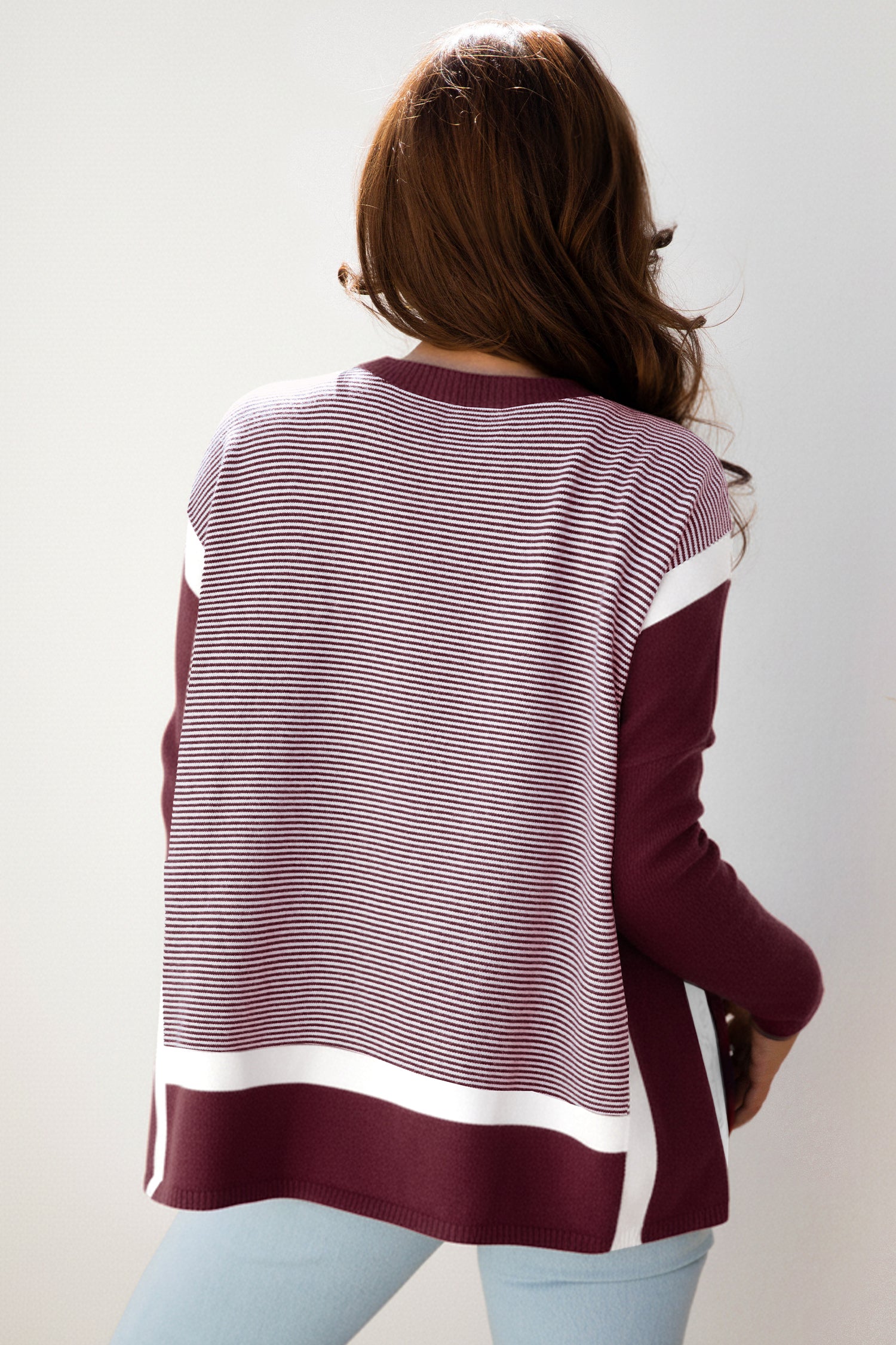 Blue Stripe Color Block Patchwork Dolman Oversize Tunic Sweater