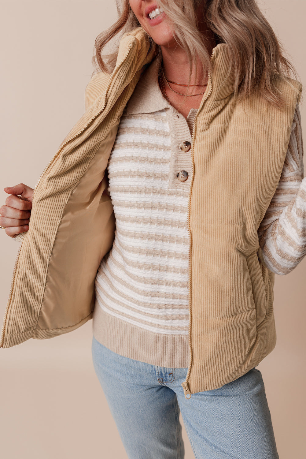 Beige Corduroy Stand Neck Zipped Puffer Vest