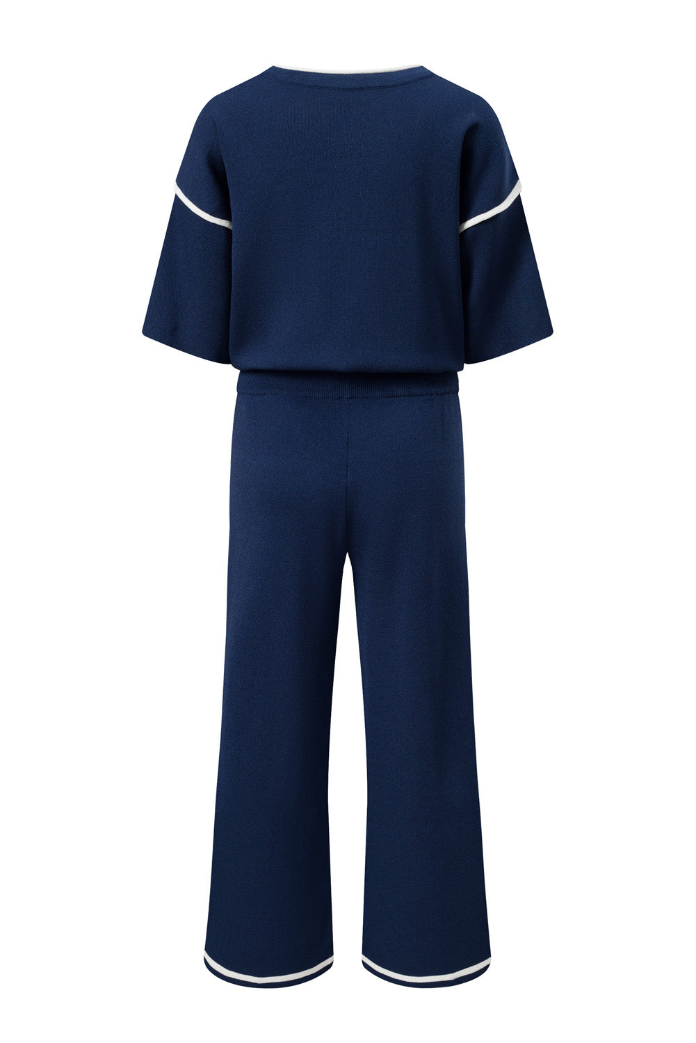 Blackish Green Contrast Trim Half Sleeve Top Drawstring Pants Loose 2pcs Sweater Suit
