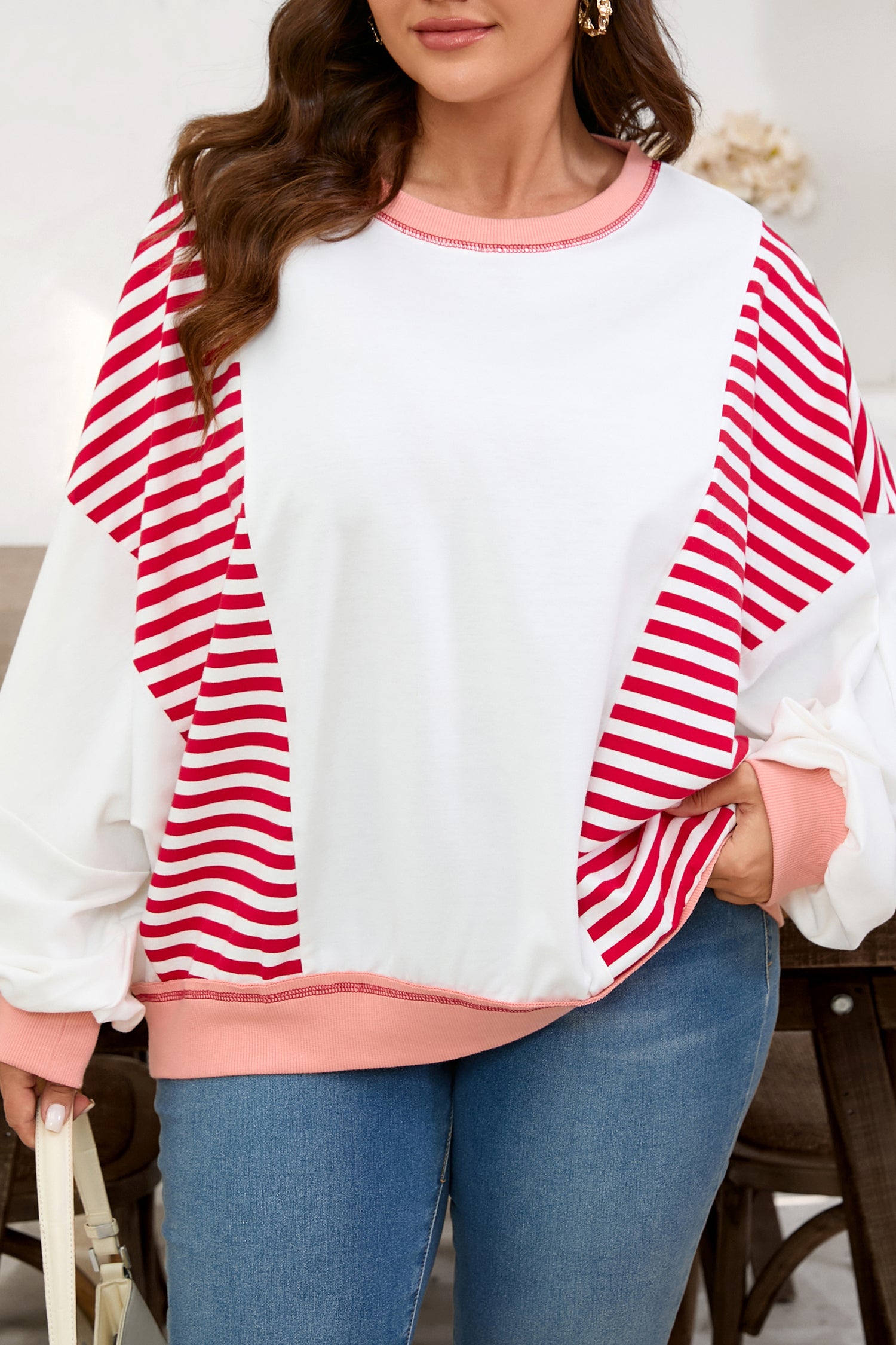 Red Stripe Colorblock Patchwork Contrast Stitching Oversize Sweatshirt