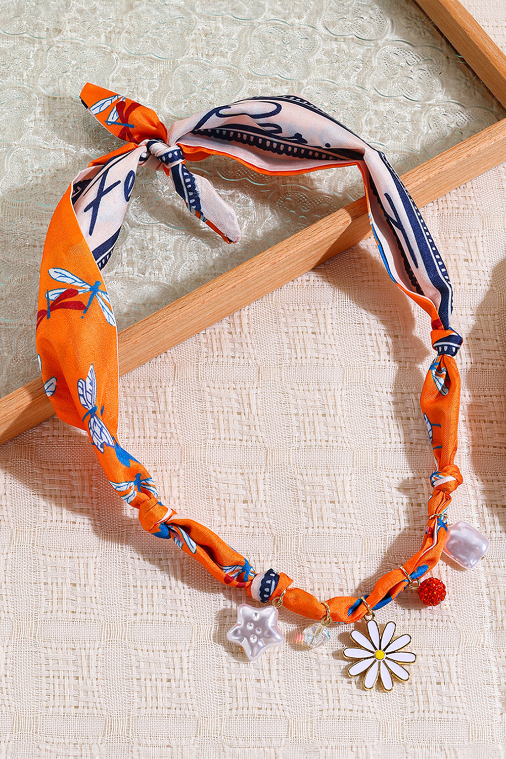 Orange Dragonfly Print Daisy Flower Pearl Crystal Decor Ribbon Necklace