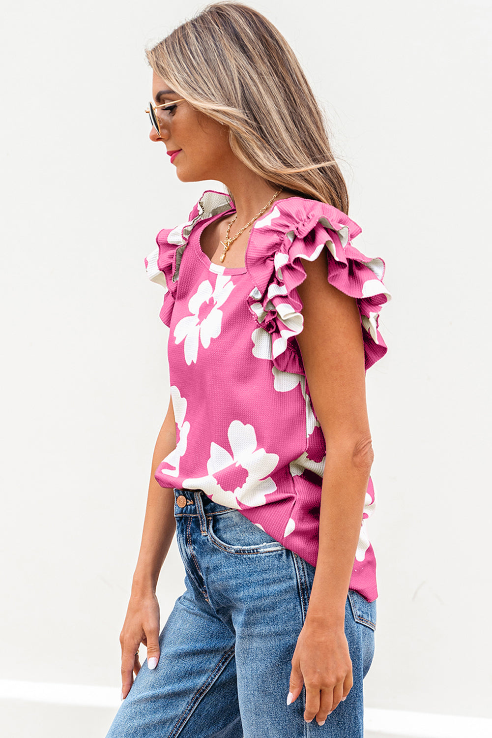 Brown Floral Textured Ruffled Short Sleeve Square Neck Blouse