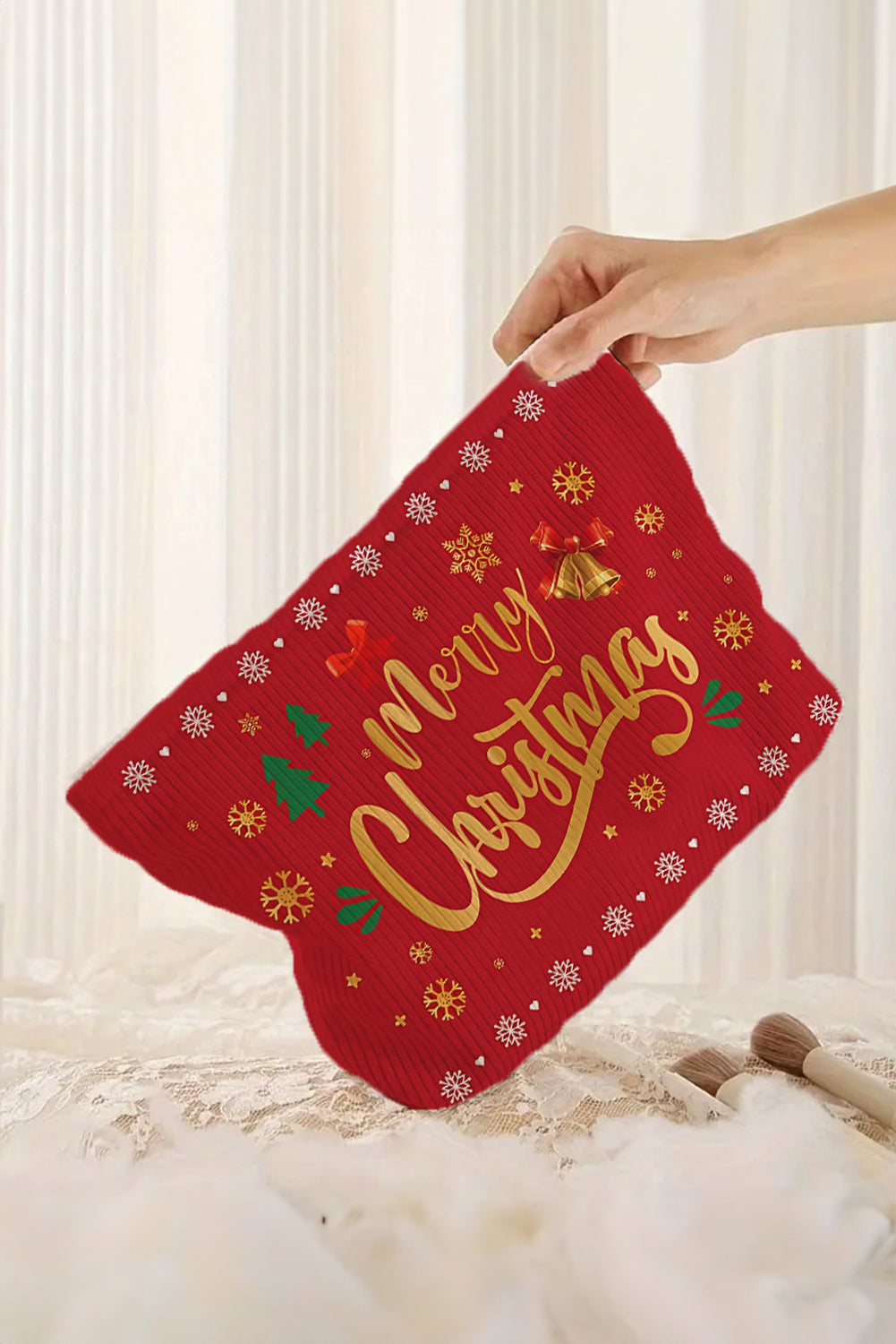 White Christmas Fashion Print Corduroy Zip Up Cosmetic Bag